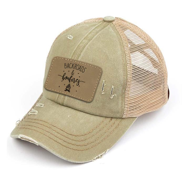 Engraved Distressed Backroads & Bonfires Patch Premium Ponytail Hat