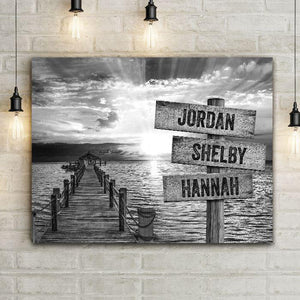 Ocean Sunset with Hallelujah Cloud Sun Rays Canvas Wall Art. Old rustic wood ocean dock with crossroads navigation sign personalized wood planks customized family names or dates