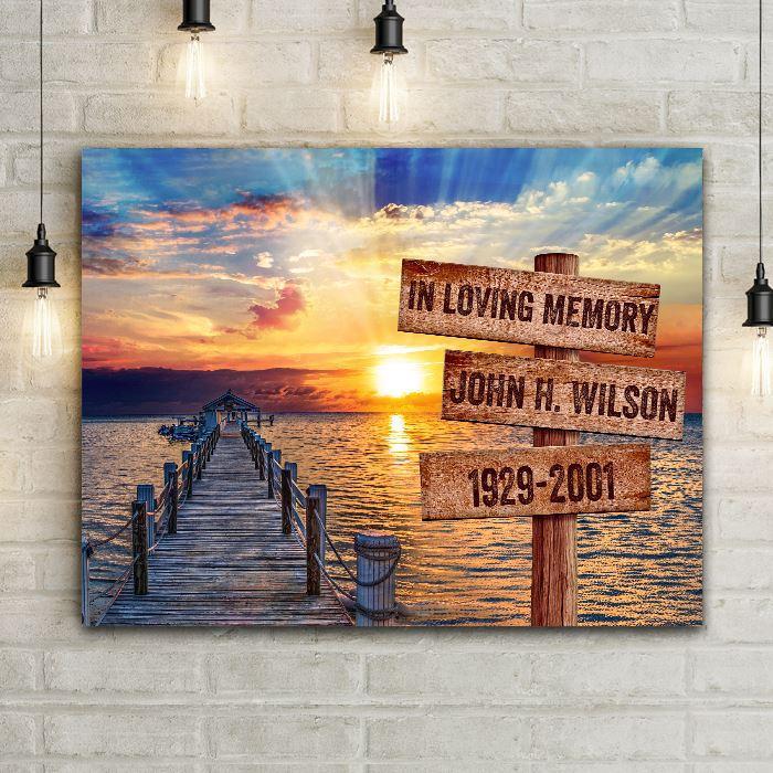Ocean Sunset Canvas with Personalized Name Sign. Ocean Dock Sunset Wall Art. Personalized Memorial Artwork Canvas Sign In Memory of Art. Ocean dock sunrise personalized with up to 12 names or custom text. Navigation sign for retirement of milestone birthday. 