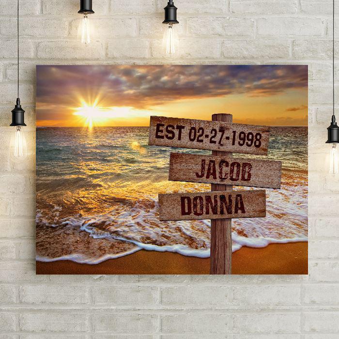 Personalized Beach Sunset Canvas Wall Art with Wooden Custom Name Street Sign