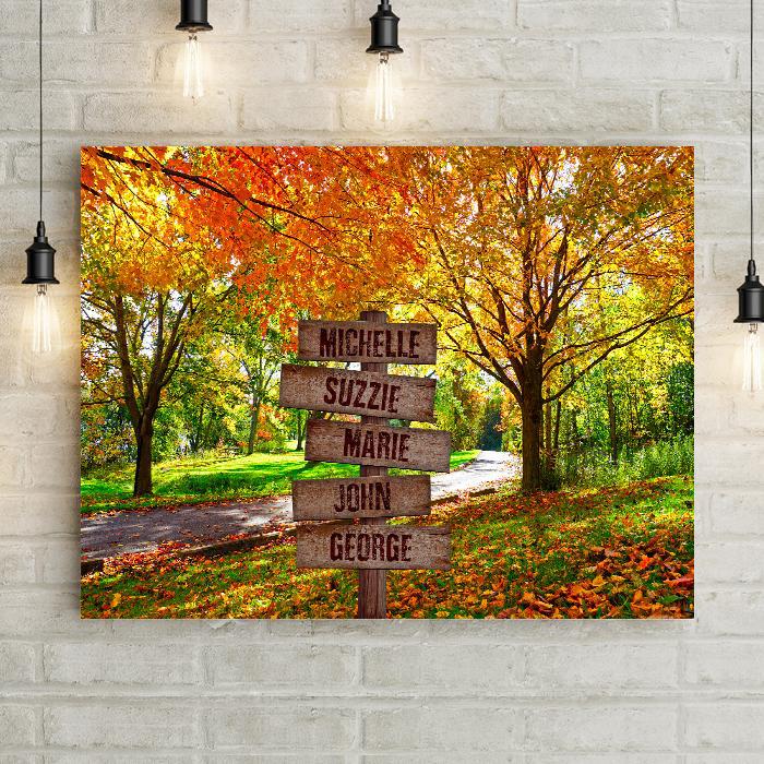 Red, Orange, Yellow, and Green Autumn Leaves Personalized Crossroads Street Sign with Carved wood signs . Beautiful colorful framed canvas artwork with fall leaves. Customized with family names or your custom text. Lemonsareblue Lemons Are Blue Brand