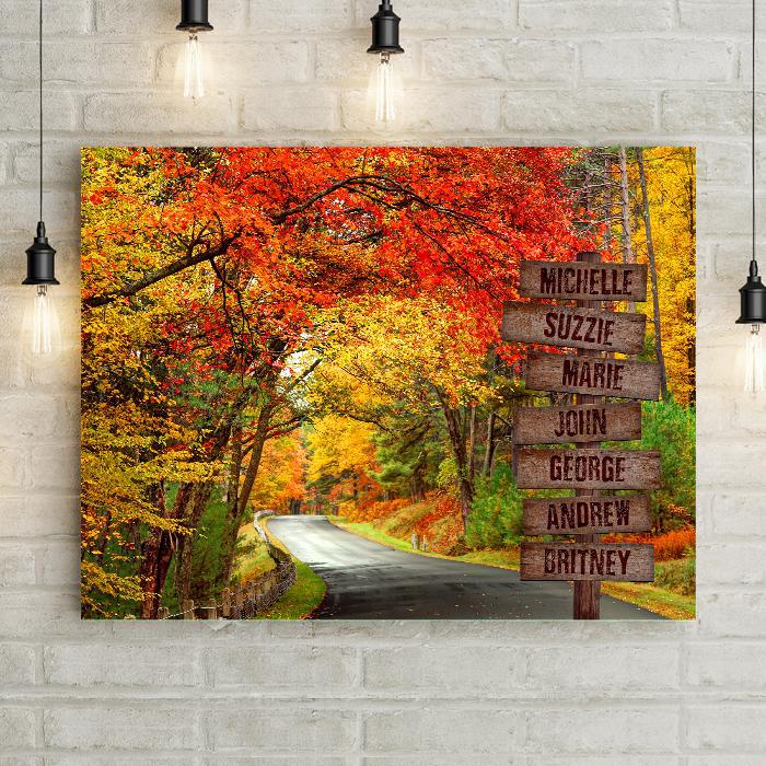 Fall Leaves on Back Country Road Autumn Landscape Photo printed on High Quality Canvas Wal Art. Wooden crossroads sign with names or custom text. Made in USA. Lemonsareblue Lemons Are Blue Brand