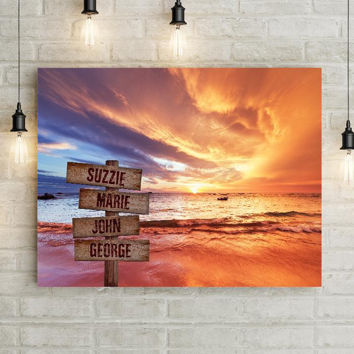 Ocean Sunset Wall Art Canvas Print with Personalized Crossroads Wood Sign. Dramatic pink and orange sunset art. Lemonsareblue Lemons Are Blue Brand