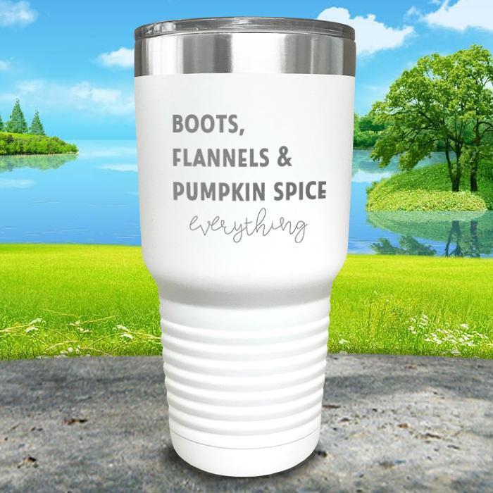 Boots Flannels and Pumpkin Spice Engraved Tumbler Tumbler ZLAZER 30oz Tumbler White 