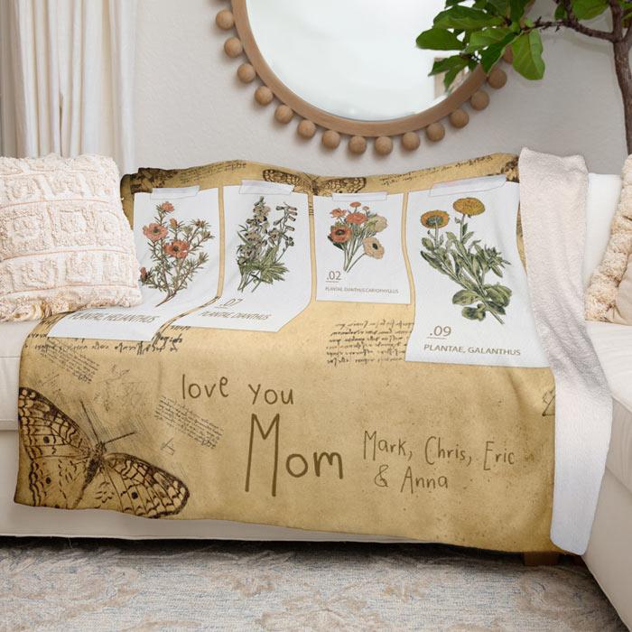 Love You Mom Personalized Blanket - Flowers & Butterflies Illustration