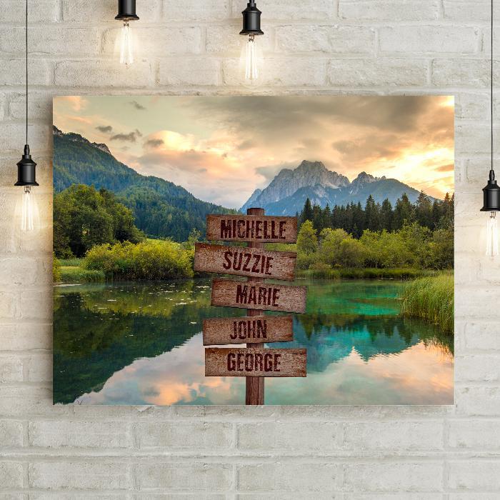 Snowy Mountain Peaks Beautiful Mountain Lake Landscape with blues and greens. Tranquil mountain scene wall art canvas print personalized with carved wood navigational crossroads wood plank sign. Customized with names or custom text. Lemonsareblue Lemons Are Blue Brand