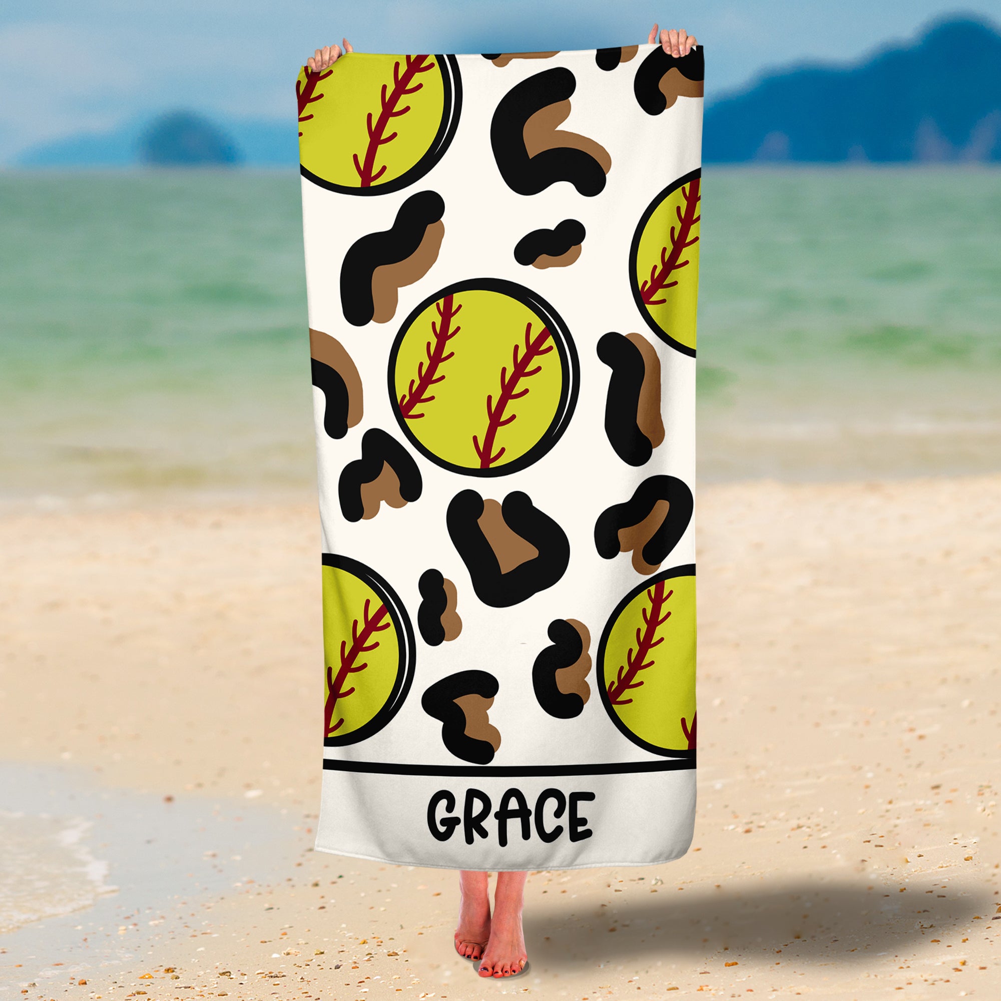 Personalized Softball Leopard Premium Beach/Pool Towel