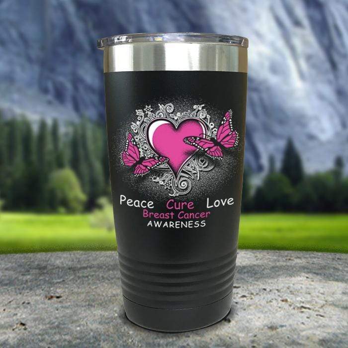 Breast Cancer Peace Cure Love Printed Tumblers Tumbler Nocturnal Coatings 20oz Tumbler Black 