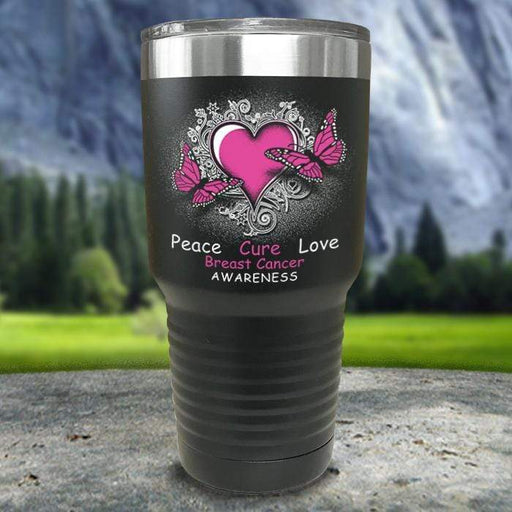 Breast Cancer Peace Cure Love Printed Tumblers Tumbler Nocturnal Coatings 30oz Tumbler Black 