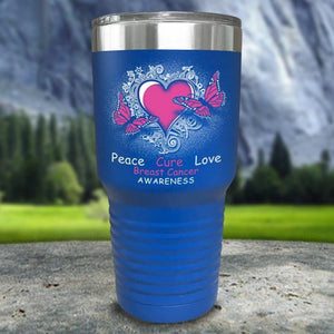 Breast Cancer Peace Cure Love Printed Tumblers Tumbler Nocturnal Coatings 30oz Tumbler Blue 