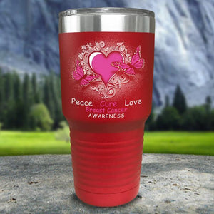Breast Cancer Peace Cure Love Printed Tumblers Tumbler Nocturnal Coatings 30oz Tumbler Red 