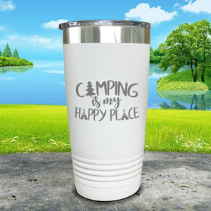 Camping Is My Happy Place Engraved Tumbler Tumbler ZLAZER 20oz Tumbler White 