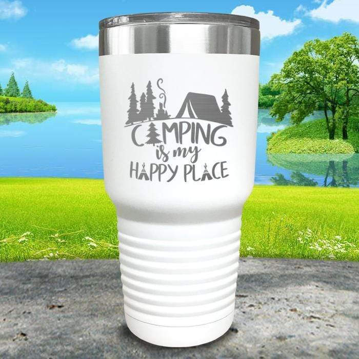 Camping Is My Happy Place Engraved Tumbler Tumbler ZLAZER 30oz Tumbler White 