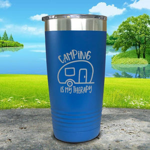 Camping Is My Therapy Engraved Tumbler Tumbler Nocturnal Coatings 20oz Tumbler Blue 