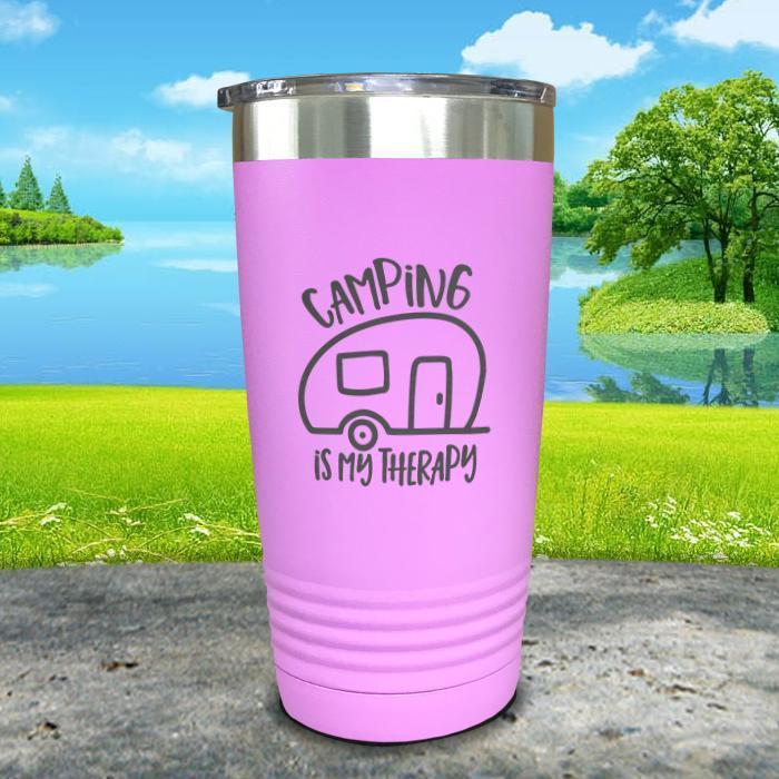 Camping Is My Therapy Engraved Tumbler Tumbler Nocturnal Coatings 20oz Tumbler Lavender 