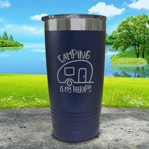 Camping Is My Therapy Engraved Tumbler Tumbler Nocturnal Coatings 20oz Tumbler Navy 
