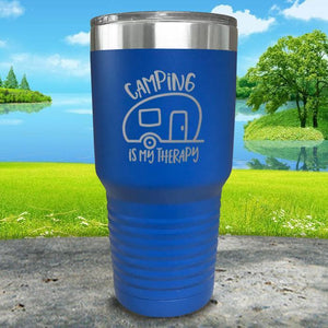 Camping Is My Therapy Engraved Tumbler Tumbler Nocturnal Coatings 30oz Tumbler Blue 