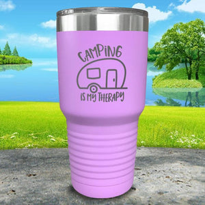 Camping Is My Therapy Engraved Tumbler Tumbler Nocturnal Coatings 30oz Tumbler Lavender 