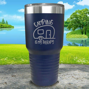 Camping Is My Therapy Engraved Tumbler Tumbler Nocturnal Coatings 30oz Tumbler Navy 