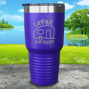 Camping Is My Therapy Engraved Tumbler Tumbler Nocturnal Coatings 30oz Tumbler Royal Purple 
