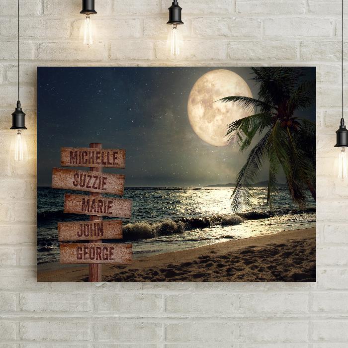 Footprints in the Sand Moonlit Beach with Ocean Waves and Palm Tree Premium Canvas Print Wall Art. Home Decor with carved wood planks on wooden direction crossroads navigation sign.