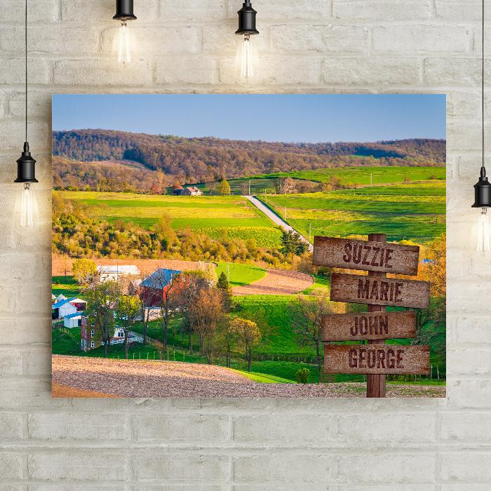 Amish Country York County, Pennsylvania farm, rolling hills landscape canvas print framed on wood frame with personalized carved wood crossroads direction street sign. 
