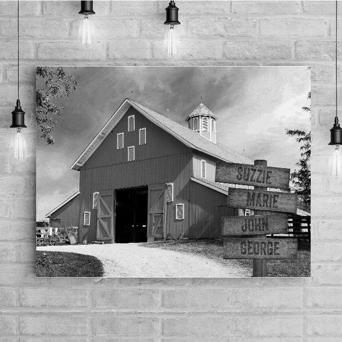 Old Red Barn Black & White Wood Sign Personalized Premium Canvas
