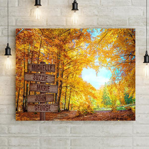 Beautiful canvas print wall hanging features heart-shaped gap in the autumn leaves, plus wooden directional crossroads sign with wood planks carved with names. Best Unique Wedding Gift for 2021. 