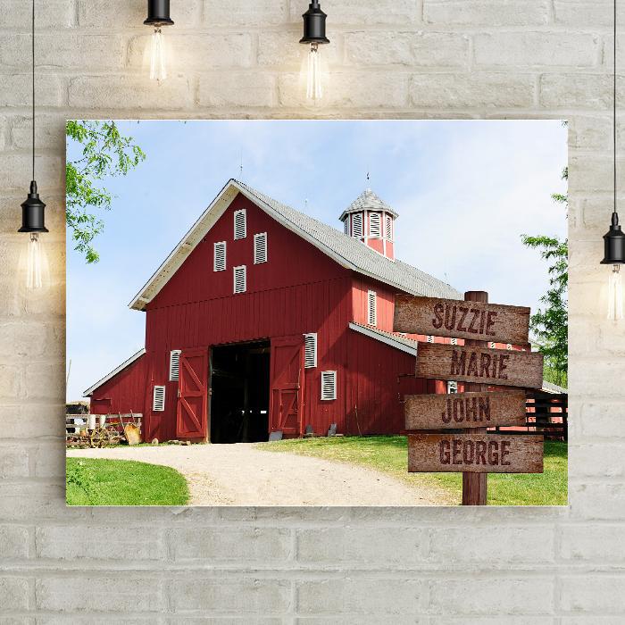 Old Red Wood Barn Rustic Farm Wall Art. Gallery-wrapped canvas print personalized country art with wagon wheels and barn doors. Carved wood crossroad navigation sign planks are carved with your custom text, names, message, dates.