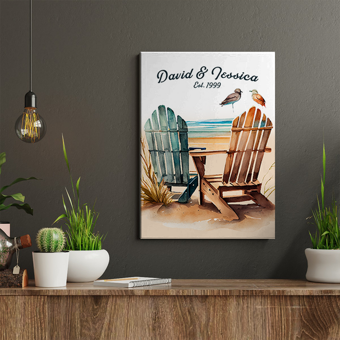 Personalized Couples Established Beach Watercolor Premium Canvas