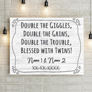 Double The Giggles Twins Birth Announcement Personalized Premium Canvas Nursery Art