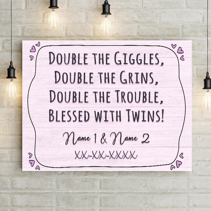 Double The Giggles Twins Birth Announcement Personalized Premium Canvas Nursery Art