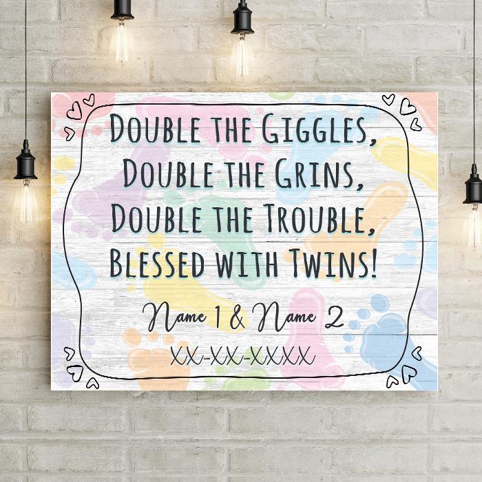 Double The Giggles Twins Birth Announcement Personalized Premium Canvas Nursery Art