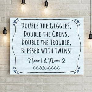 Double The Giggles Twins Birth Announcement Personalized Premium Canvas Nursery Art