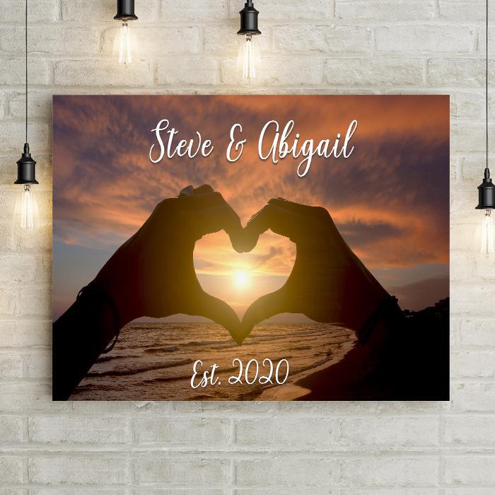 Sunset Heart Hands Color Artwork Canvas Print with your custom names and wedding date. Best Wedding Gift for 2021. Beautiful master bedroom art or framed artwork for firelplace mantle.