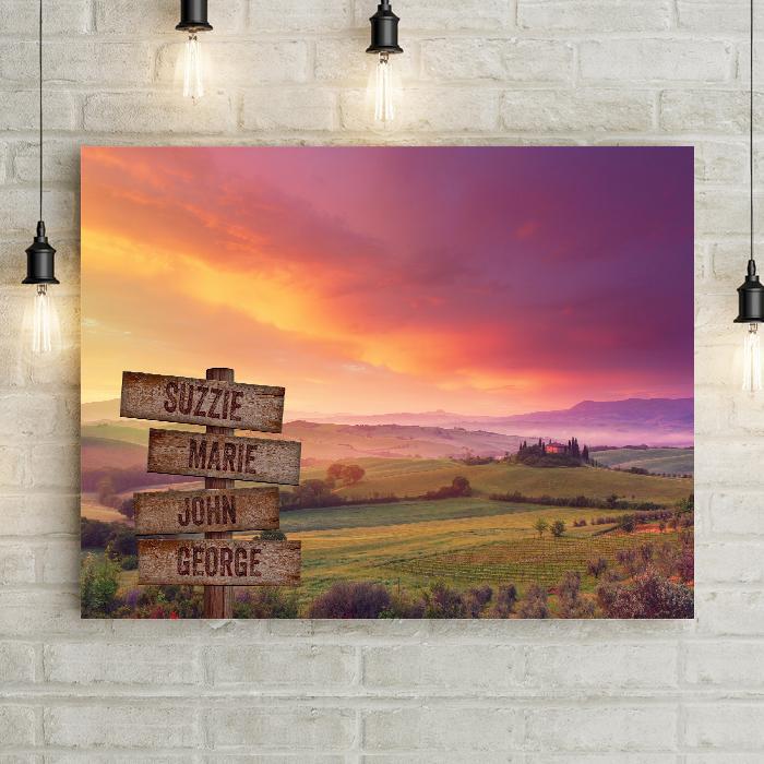 Tuscany Vineyard Dramatic Colorful Sunset. Bar decor, winery artwork, countryside sunrise, farming decor, grapes. Personalized canvas wall artwork with carved wood custom wood plank crossroads arrow navigation sign.