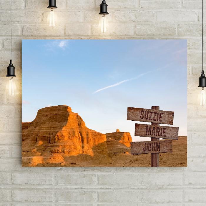 Travel souvenir personalized canvas wall hanging print featuring crossroads weathered carved wood sigh outside ghost town of karamay, xinjiang wind erosion landform landscape 