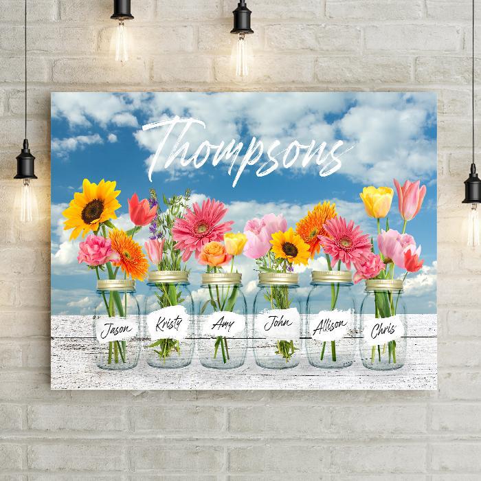 Family Mason Jar Vases with Sunflowers & Daisies Personalized Premium Canvas