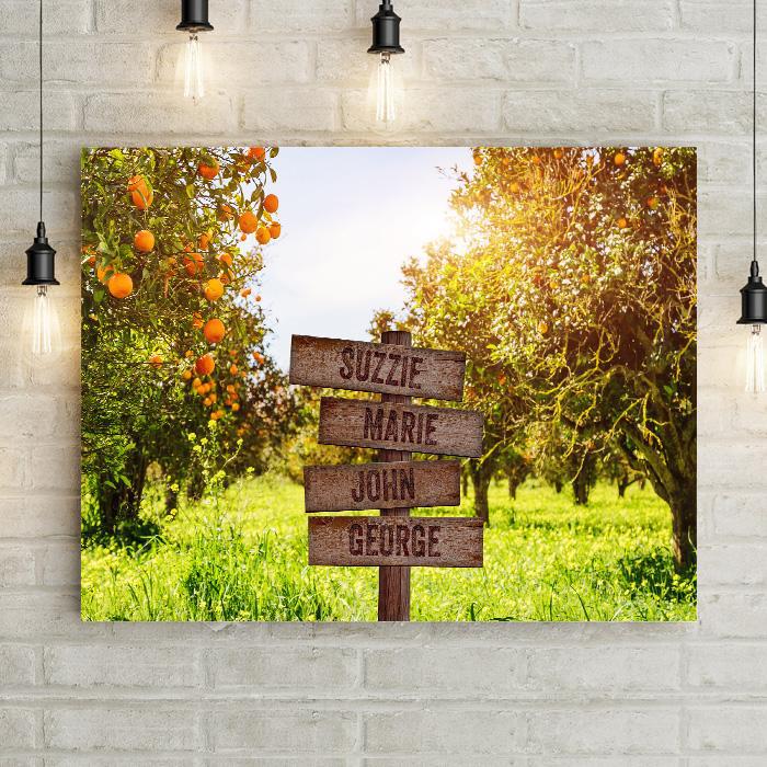 Orange Grove, Fruit Orchard, Orange Blossom Trees Farm Personalized Canvas Artwork. Beautiful orange decor for kitchens or dining room with family names or custom text. Wood crossroads sign.