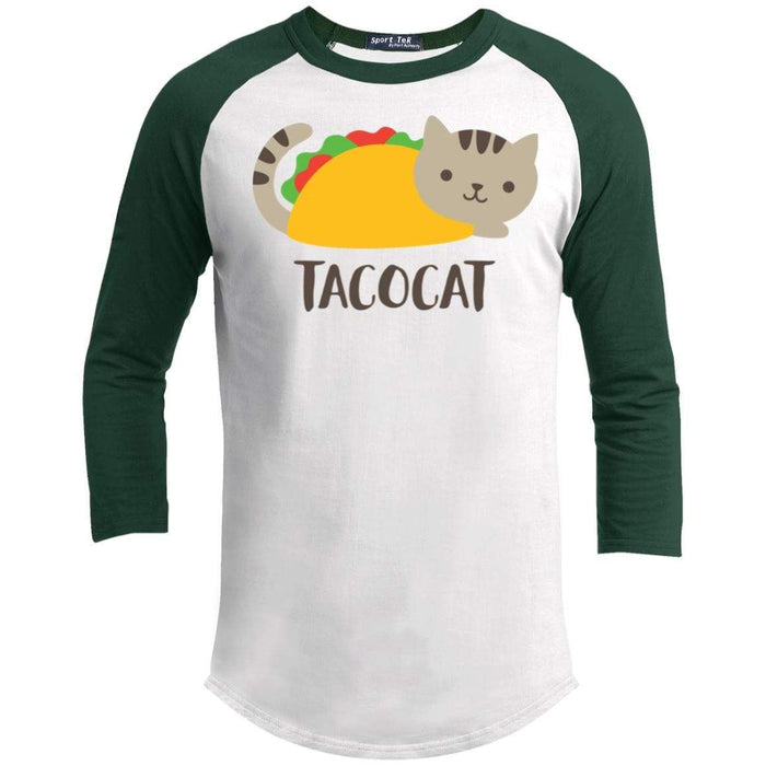 Tacocat Raglan T-Shirts CustomCat White/Forest X-Small 