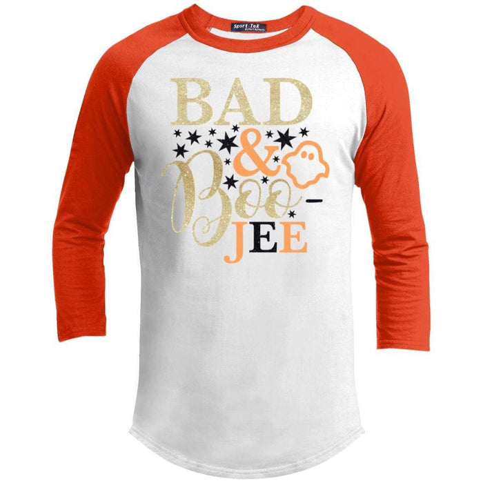 Bad and Boo-jee Youth Raglan T-Shirts CustomCat White/Deep Orange YXS 