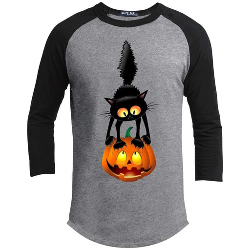 Black Cat Pumpkin Raglan T-Shirts CustomCat Heather Grey/Black X-Small 