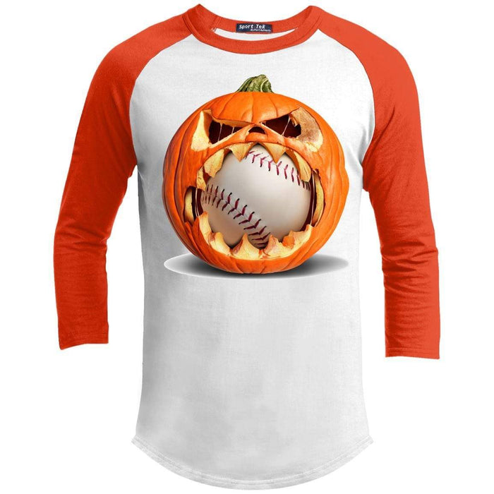 Baseball Pumpkin Raglan T-Shirts CustomCat White/Deep Orange X-Small 