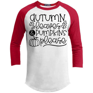 Autumn Leaves & Pumpkins Please Raglan T-Shirts CustomCat White/Red X-Small 