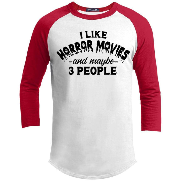 I Like Horror Movies and 3 People Raglan T-Shirts CustomCat White/Red X-Small 