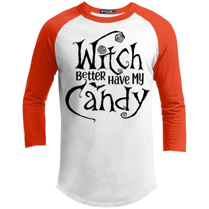 Witch Candy Raglan T-Shirts CustomCat White/Deep Orange X-Small 