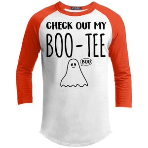 Check Out My Boo-Tee Raglan T-Shirts CustomCat White/Deep Orange X-Small 