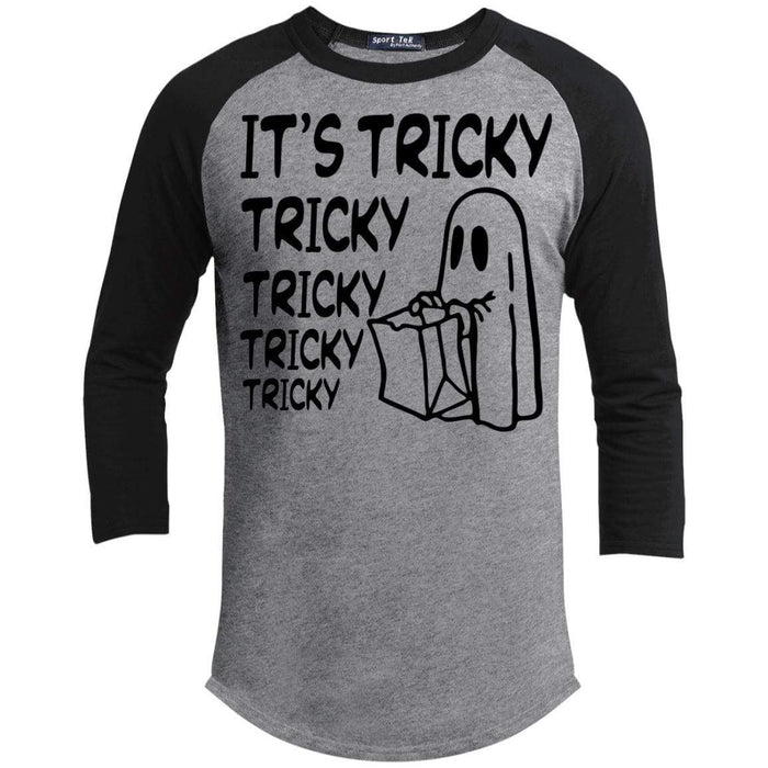 It's Tricky Tricky Tricky Tricky Raglan T-Shirts CustomCat Heather Grey/Black X-Small 