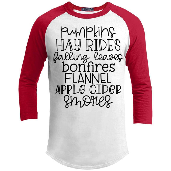 Pumpkins Hayrides Falling Leaves Raglan T-Shirts CustomCat White/Red X-Small 