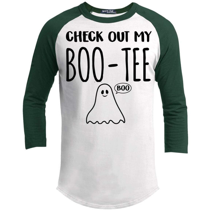 Check Out My Boo-Tee Raglan T-Shirts CustomCat White/Forest X-Small 